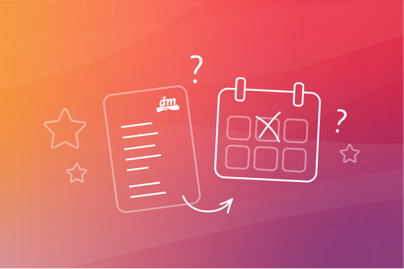 Illustration einer Checkliste und eines Kalenders mit Fragezeichen, Sternen und einem Pfeil auf einem Hintergrund mit Farbverlauf von Orange zu Lila.