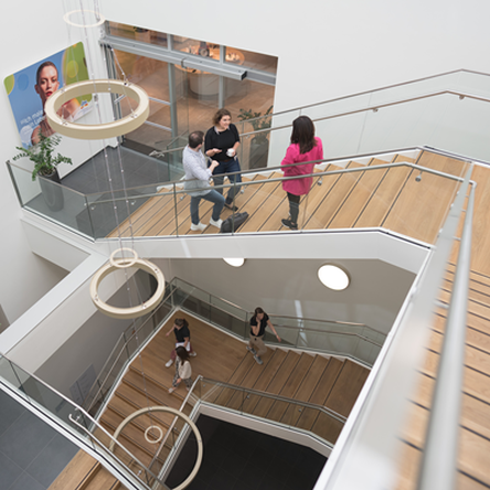 Im Stiegenhaus eines Bürogebäudes befinden sich mehrere Personen auf den Treppe, Manche von ihnen führen Gespräche.  Pflanzen und eine helle Beleuchtung tragen zu einer angenehmen und modernen Atmosphäre bei.