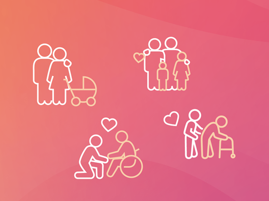 Umrissene Symbole von Familie, Pflege und Unterstützung auf einem rosa Farbverlauf-Hintergrund, mit Herzen und Menschen, die Kinderwagen und Rollstühle benutzen.