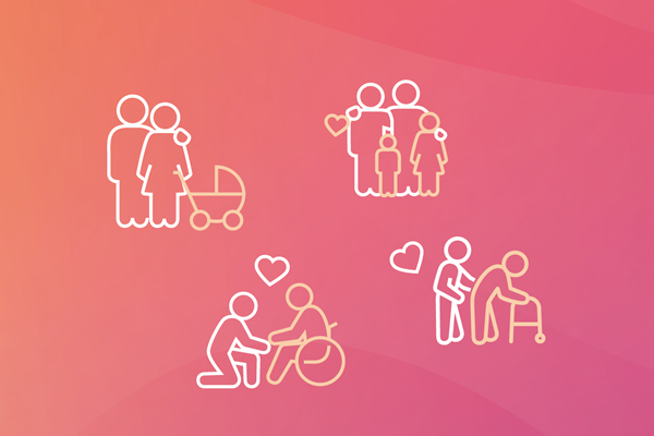 Umrissene Symbole von Familie, Pflege und Unterstützung auf einem rosa Farbverlauf-Hintergrund, mit Herzen und Menschen, die Kinderwagen und Rollstühle benutzen.